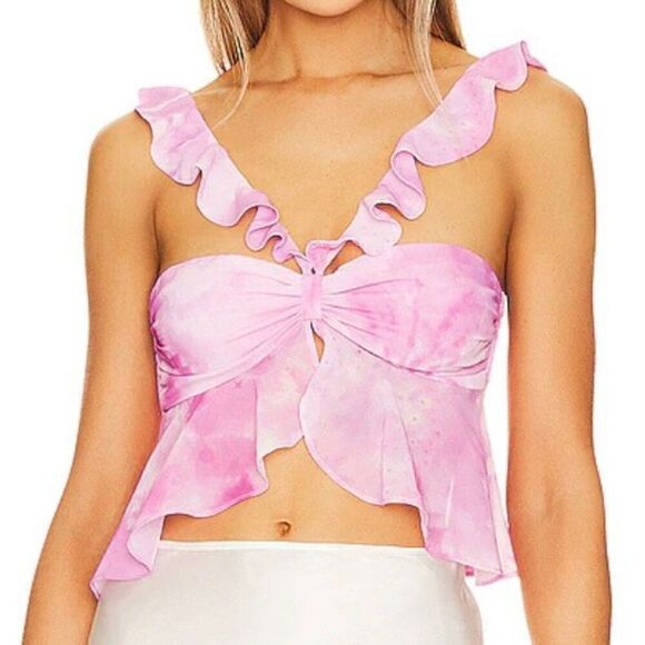 Tularosa Tatum Pink Tie Dye Ruffle Trim Flowy Crop Top NWT Size Extra Large - Picture 1 of 8